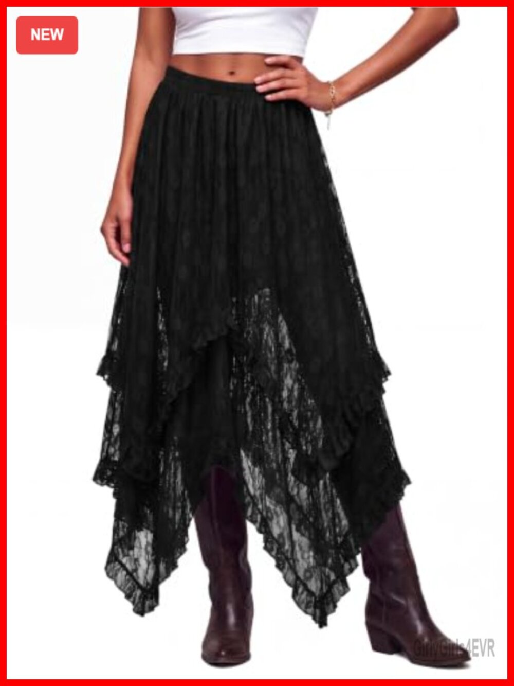 Lace Maxi Skirt Asymmetrical Ruffle Hem Flowy Boho Womens
